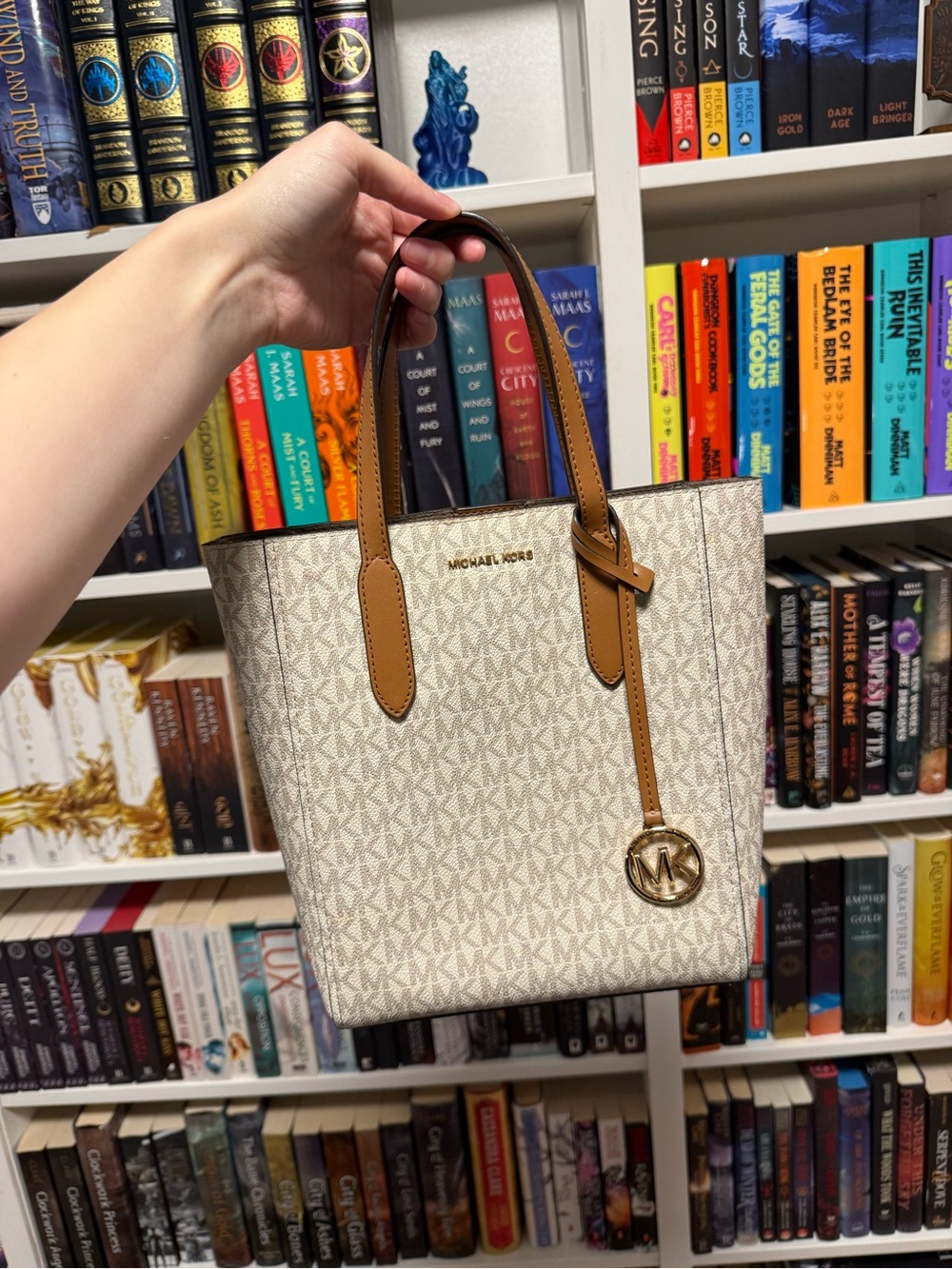 MICHAEL KORS Vanilla Logo Tote with Brown Trim